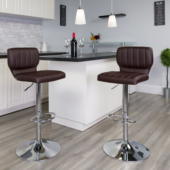 Flash Furniture 2 Pack Contemporary Brown Vinyl Adjustable Height Barstool with Vertical Stitch Back and Chrome Base