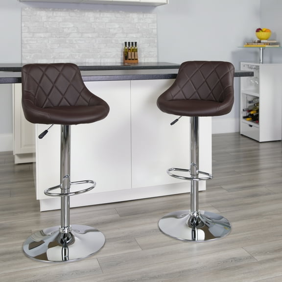 Flash Furniture 2 Pack Contemporary Brown Vinyl Bucket Seat Adjustable Height Barstool with Diamond Pattern Back and Chrome Base