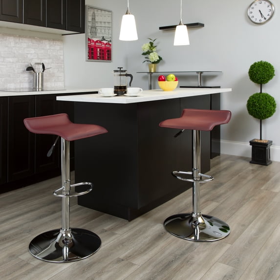 Flash Furniture 2 Pack Contemporary Burgundy Vinyl Adjustable Height Barstool with Solid Wave Seat and Chrome Base