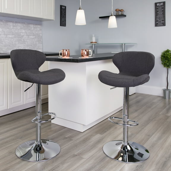 Flash Furniture 2 Pack Contemporary Charcoal Fabric Adjustable Height Barstool with Curved Back and Chrome Base