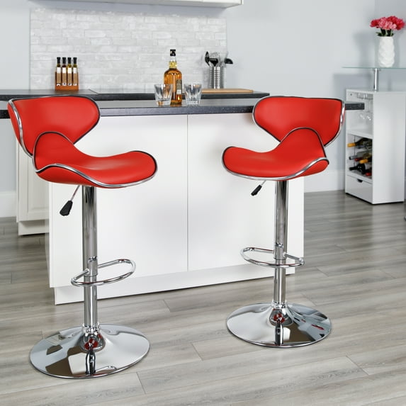 Flash Furniture 2 Pack Contemporary Cozy Mid-Back Red Vinyl Adjustable Height Barstool with Chrome Base