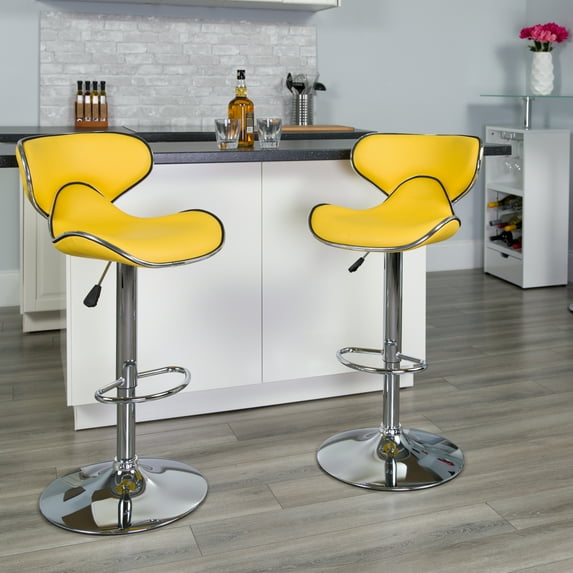 Flash Furniture 2 Pack Contemporary Cozy Mid-Back Yellow Vinyl Adjustable Height Barstool with Chrome Base