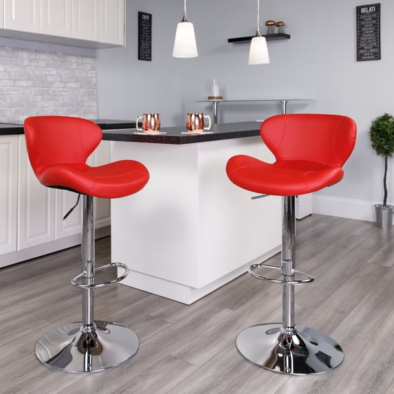 Flash Furniture 2 Pack Contemporary Red Vinyl Adjustable Height Barstool with Curved Back and Chrome Base