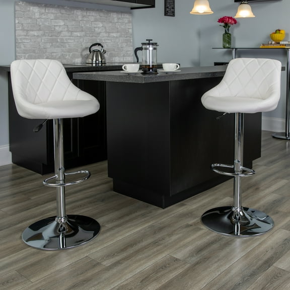 Flash Furniture 2 Pack Contemporary White Vinyl Bucket Seat Adjustable Height Barstool with Diamond Pattern Back and Chrome Base