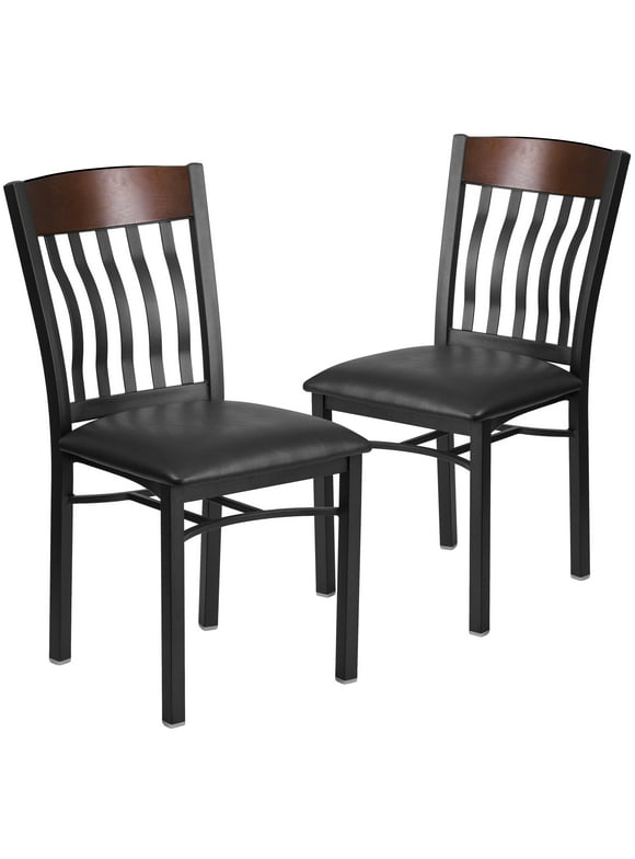 Flash Furniture 2 Pack Eclipse Series Vertical Back Black Metal and Walnut Wood Restaurant Chair with Black Vinyl Seat