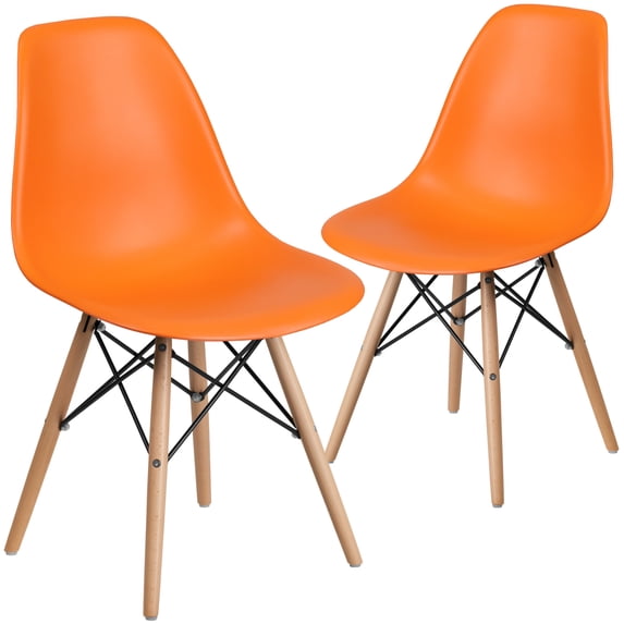Flash Furniture 2 Pack Elon Series Orange Plastic Chair with Wooden Legs for Versatile Kitchen, Dining Room, Living Room, Library or Desk Use