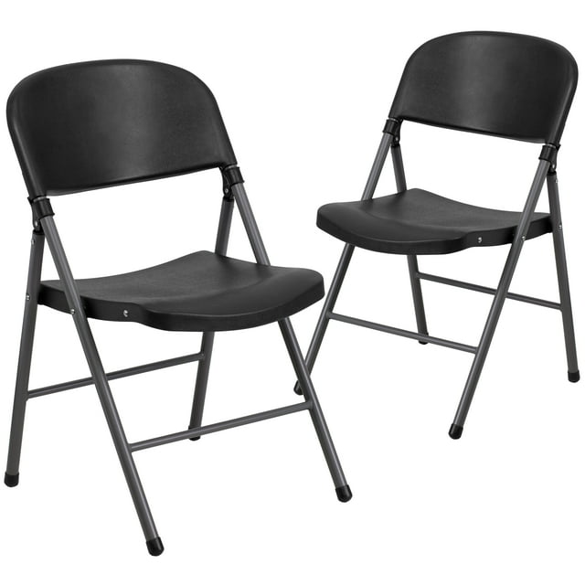 Flash Furniture 2 Pack HERCULES Series 330 lb. Capacity Black Plastic Folding Chair with Charcoal Frame