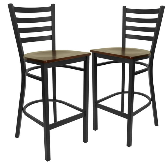 Flash Furniture 2 Pack HERCULES Series Black Ladder Back Metal Restaurant Barstool - Mahogany Wood Seat