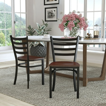 Flash Furniture 2 Pack HERCULES Series Black Ladder Back Metal Restaurant Chair - Mahogany Wood Seat