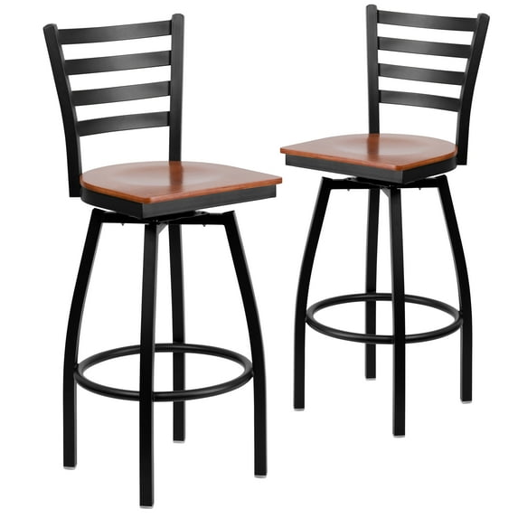 Flash Furniture 2 Pack HERCULES Series Black Ladder Back Swivel Metal Barstool - Cherry Wood Seat