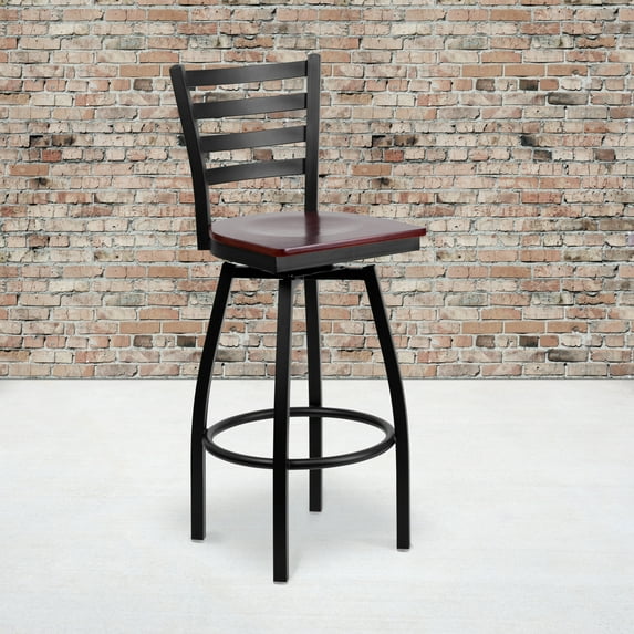 Flash Furniture 2 Pack HERCULES Series Black Ladder Back Swivel Metal Barstool - Mahogany Wood Seat
