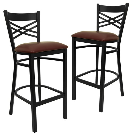 Flash Furniture 2 Pack HERCULES Series Black ''X'' Back Metal Restaurant Barstool - Burgundy Vinyl Seat