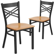 Flash Furniture 2 Pack HERCULES Series Black ''X'' Back Metal Restaurant Chair - Natural Wood Seat