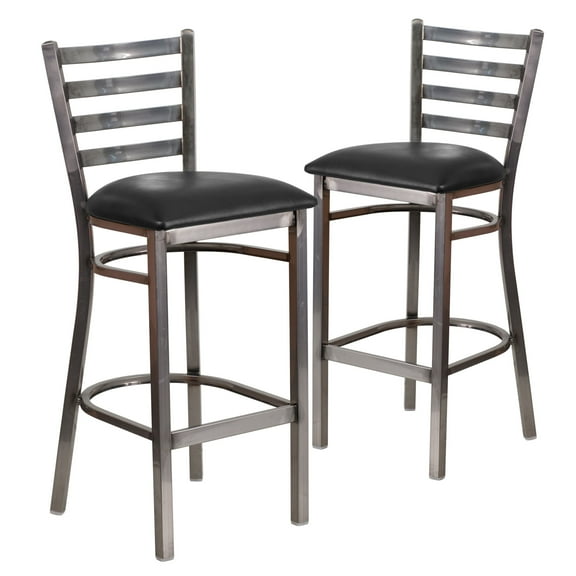 Flash Furniture 2 Pack HERCULES Series Silver Antique Finish with Clear Coat Ladder Back Metal Restaurant Barstool - Black Vinyl Seat