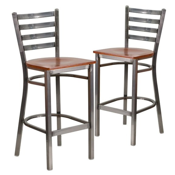 Flash Furniture 2 Pack HERCULES Series Silver Antique Finish with Clear Coat Ladder Back Metal Restaurant Barstool - Cherry Wood Seat