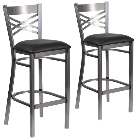 Flash Furniture 2 Pack HERCULES Series Silver Antique Finish with Clear Coat ''X'' Back Metal Restaurant Barstool - Black Vinyl Seat