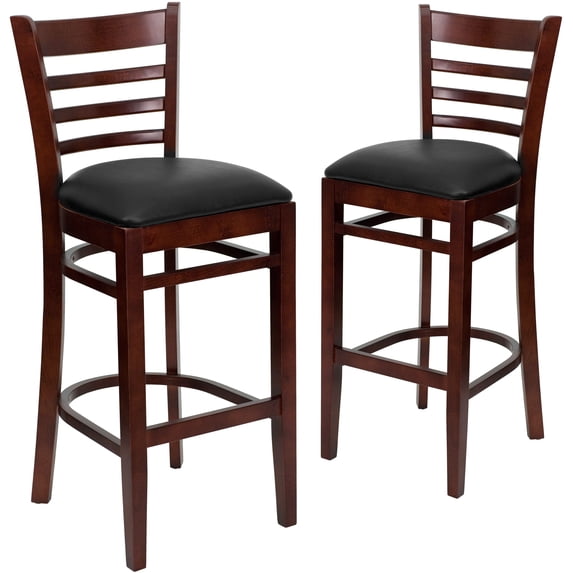Flash Furniture 2 Pack HERCULES Series Ladder Back Mahogany Wood Restaurant Barstool - Black Vinyl Seat