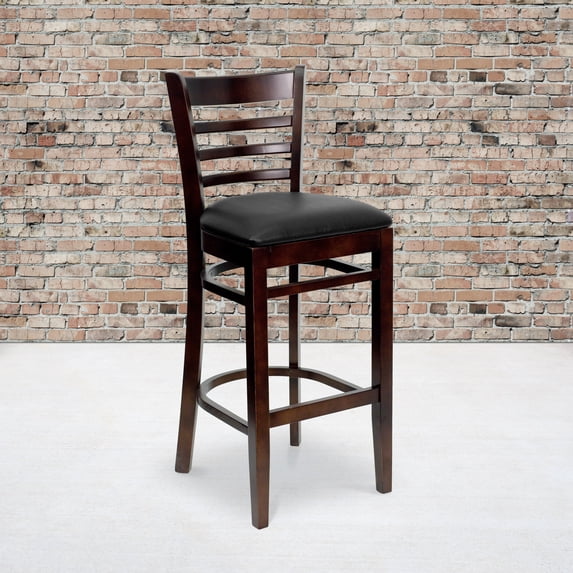 Flash Furniture 2 Pack HERCULES Series Ladder Back Walnut Wood Restaurant Barstool - Black Vinyl Seat