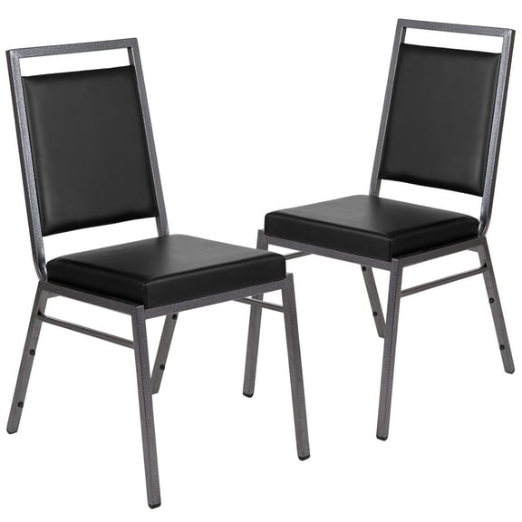 Flash Furniture 2 Pack HERCULES Series Square Back Stacking Banquet Chair in Black Vinyl with Silvervein Frame