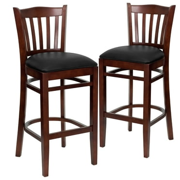 Flash Furniture 2 Pack HERCULES Series Vertical Slat Back Mahogany Wood Restaurant Barstool - Black Vinyl Seat