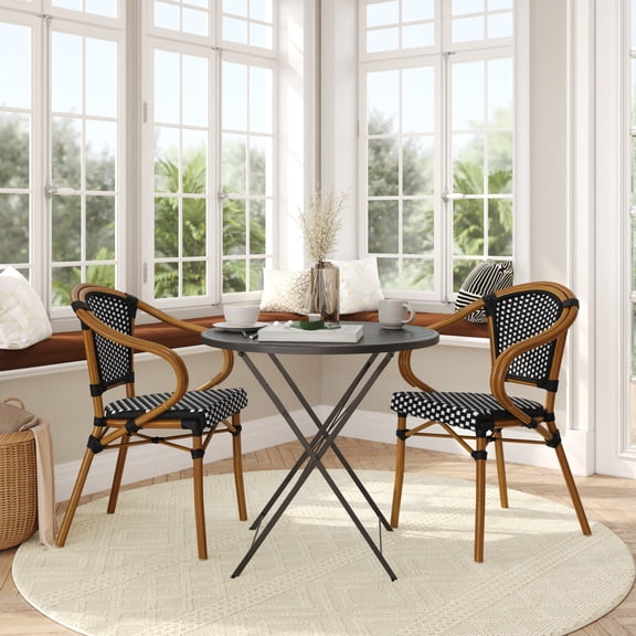 Flash Furniture Bordeaux Indoor/Outdoor French Bistro Stacking Chair with Arms Black/White/Natural