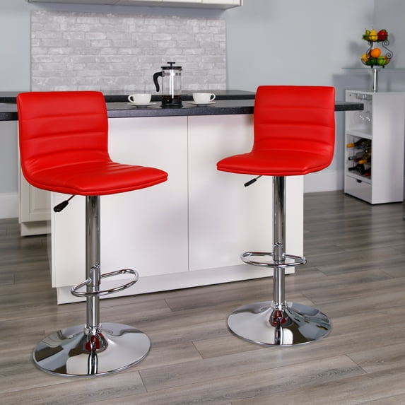 Flash Furniture 2 Pack Modern Red Vinyl Adjustable Bar Stool with Back, Counter Height Swivel Stool with Chrome Pedestal Base