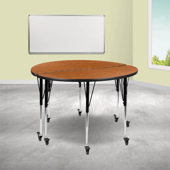 Flash Furniture 2 Piece Mobile 47.5" Circle Wave Flexible Oak Thermal Laminate Adjustable Activity Table Set