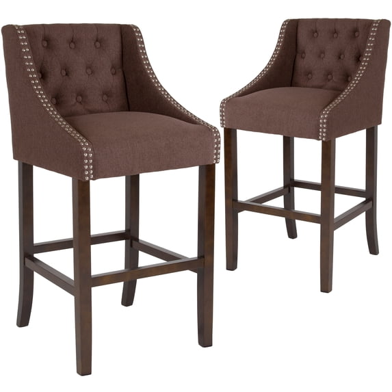 Flash Furniture 2 Pk. Carmel Series 30" High Transitional Tufted Walnut Barstool with Accent Nail Trim in Brown Fabric