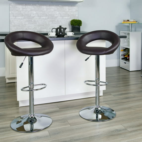 Flash Furniture 2 Pk. Contemporary Brown Vinyl Rounded Orbit-Style Back Adjustable Height Barstool with Chrome Base
