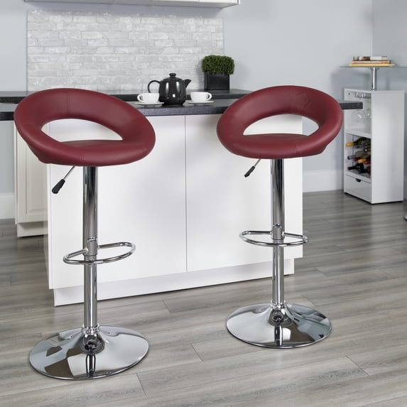 Flash Furniture 2 Pk. Contemporary Burgundy Vinyl Rounded Orbit-Style Back Adjustable Height Barstool with Chrome Base