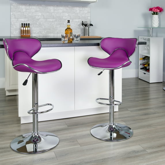 Flash Furniture 2 Pk. Contemporary Cozy Mid-Back Purple Vinyl Adjustable Height Barstool with Chrome Base
