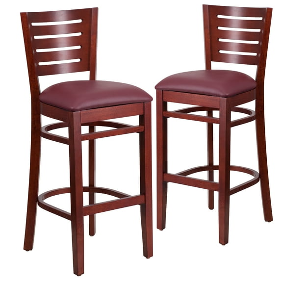 Flash Furniture 2 Pk. Darby Series Slat Back Mahogany Wood Restaurant Barstool - Burgundy Vinyl Seat