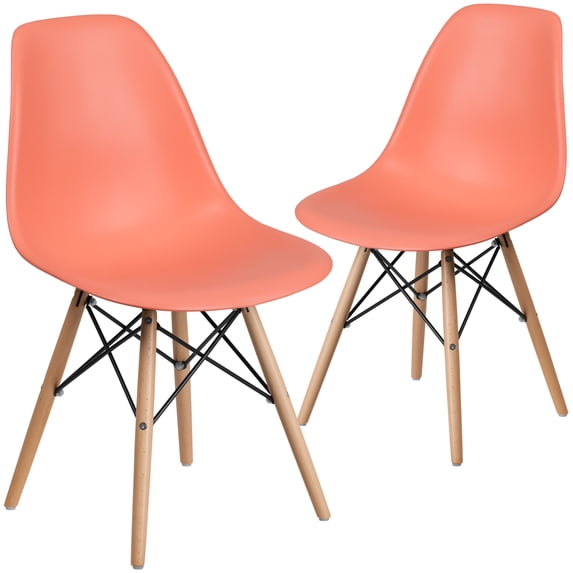 Flash Furniture 2 Pk. Elon Series Peach Plastic Chair with Wooden Legs for Versatile Kitchen, Dining Room, Living Room, Library or Desk Use