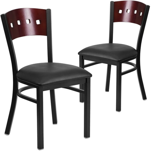 Flash Furniture 2 Pk. HERCULES Series Black 4 Square Back Metal Restaurant Chair - Mahogany Wood Back, Black Vinyl Seat