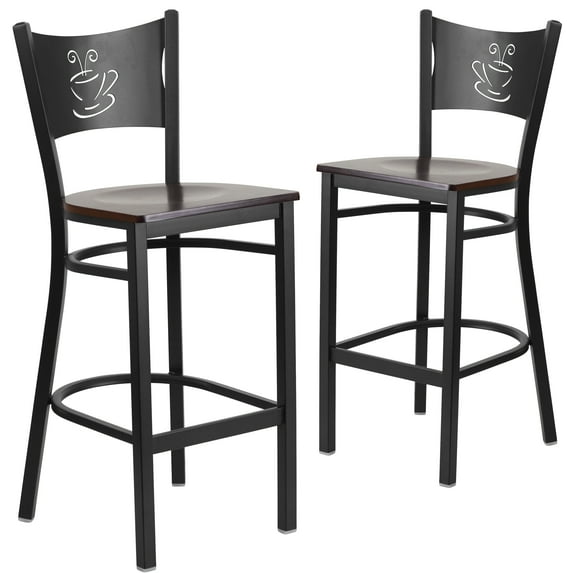 Flash Furniture 2 Pk. HERCULES Series Black Coffee Back Metal Restaurant Barstool - Walnut Wood Seat