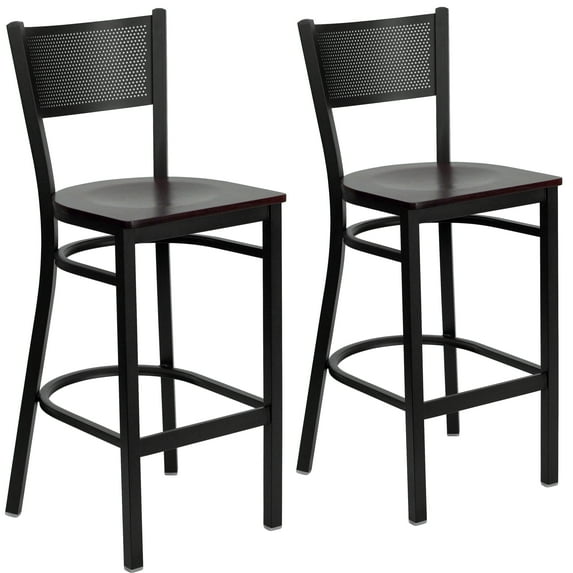 Flash Furniture 2 Pk. HERCULES Series Black Grid Back Metal Restaurant Barstool - Mahogany Wood Seat