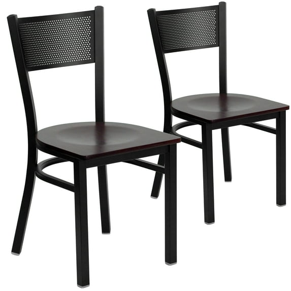 Flash Furniture 2 Pk. HERCULES Series Black Grid Back Metal Restaurant Chair - Mahogany Wood Seat