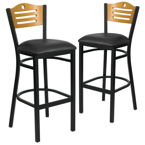 Flash Furniture 2 Pk. HERCULES Series Black Slat Back Metal Restaurant Barstool - Natural Wood Back, Black Vinyl Seat