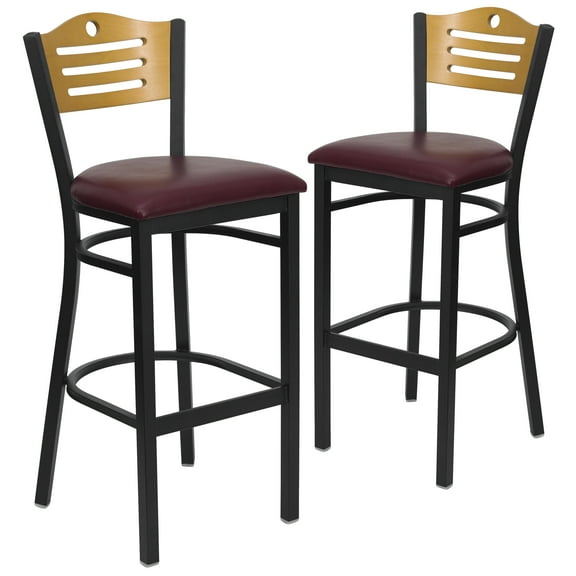 Flash Furniture 2 Pk. HERCULES Series Black Slat Back Metal Restaurant Barstool - Natural Wood Back, Burgundy Vinyl Seat