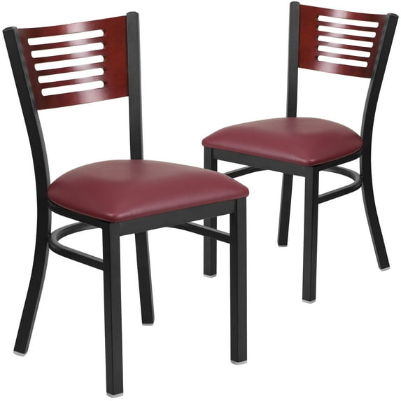 Flash Furniture 2 Pk. HERCULES Series Black Slat Back Metal Restaurant Chair - Mahogany Wood Back, Burgundy Vinyl Seat