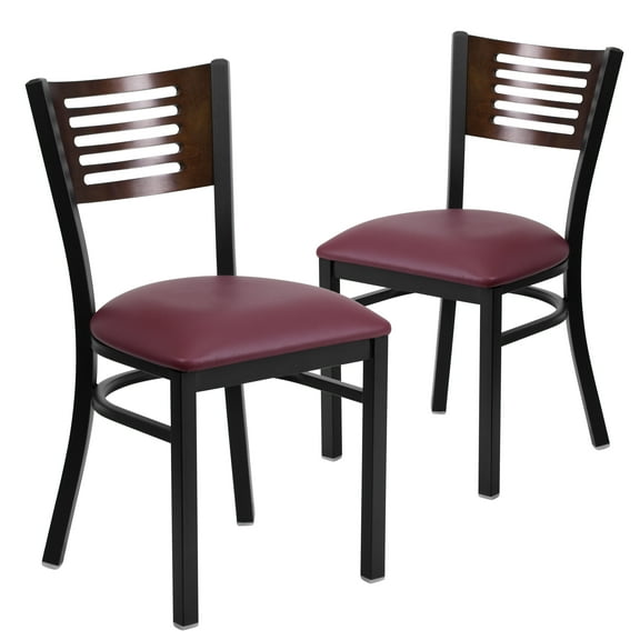 Flash Furniture 2 Pk. HERCULES Series Black Slat Back Metal Restaurant Chair - Walnut Wood Back, Burgundy Vinyl Seat