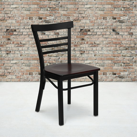 Flash Furniture 2 Pk. HERCULES Series Black Three-Slat Ladder Back Metal Restaurant Chair - Mahogany Wood Seat
