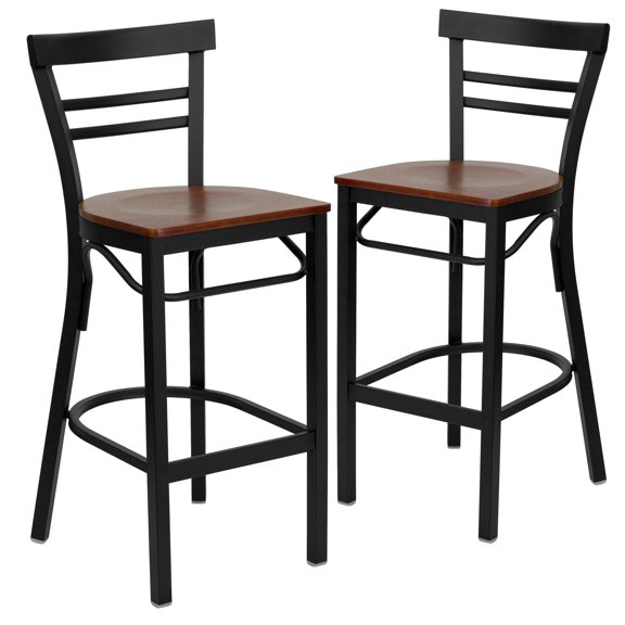 Flash Furniture 2 Pk. HERCULES Series Black Two-Slat Ladder Back Metal Restaurant Barstool - Cherry Wood Seat