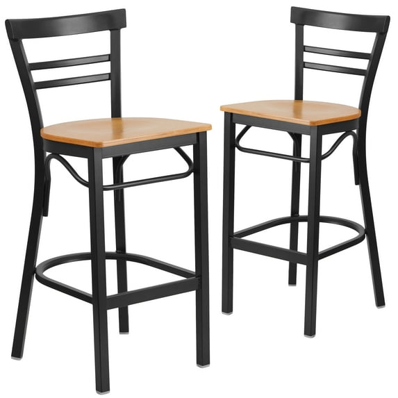 Flash Furniture 2 Pk. HERCULES Series Black Two-Slat Ladder Back Metal Restaurant Barstool - Natural Wood Seat
