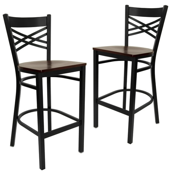 Flash Furniture 2 Pk. HERCULES Series Black ''X'' Back Metal Restaurant Barstool - Mahogany Wood Seat