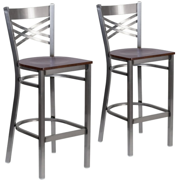 Flash Furniture 2 Pk. HERCULES Series Silver Antique Finish with Clear Coat ''X'' Back Metal Restaurant Barstool - Walnut Wood Seat