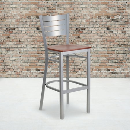 Flash Furniture 2 Pk. HERCULES Series Silver Slat Back Metal Restaurant Barstool - Cherry Wood Seat