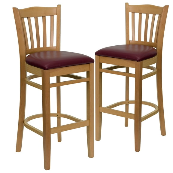Flash Furniture 2 Pk. HERCULES Series Vertical Slat Back Natural Wood Restaurant Barstool - Burgundy Vinyl Seat