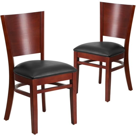 Flash Furniture 2 Pk. Lacey Series Solid Back Mahogany Wood Restaurant Chair - Black Vinyl Seat
