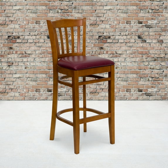Flash Furniture 2 Pk. Vertical Slat Back Cherry Wood Restaurant Barstool - Burgundy Vinyl Seat